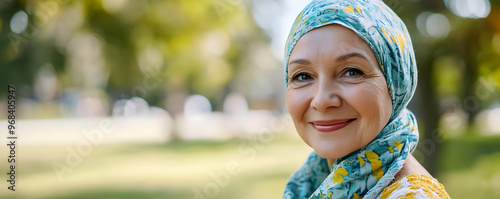 Smiling Senior Woman with Headscarf in the Park