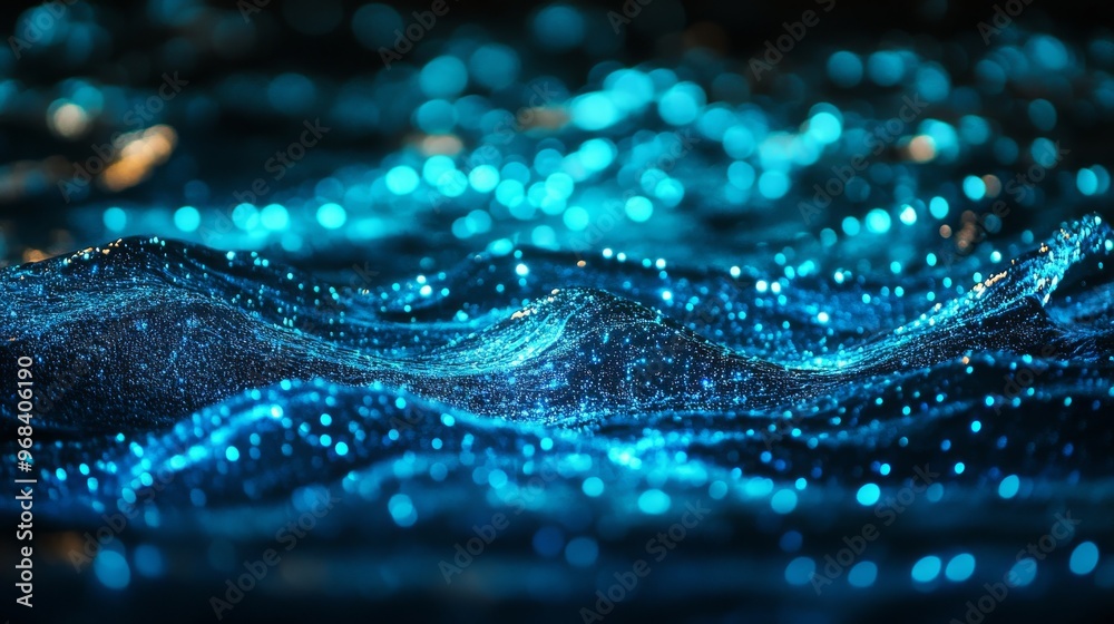 Abstract Blue Wavy Surface with Glowing Lights