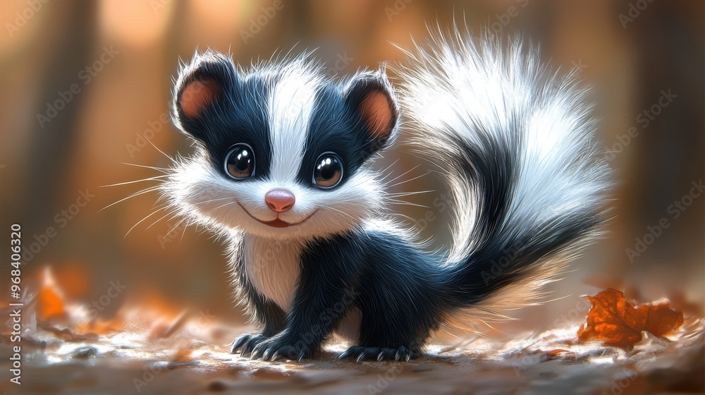 Cartoon skunk with a fluffy tail on a white background, animated and lively Cartoon skunk with a fluffy tail on a white background, animated and lively