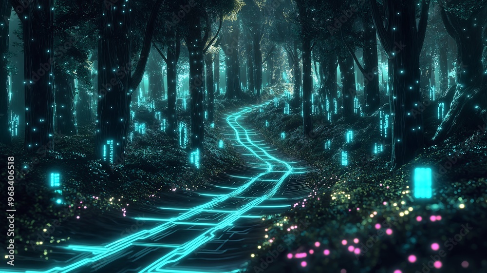 Neon Trail Through Enchanted Forest Neon Trail Through Enchanted Forest