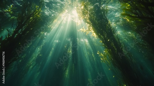 Sunlight Beams Through Kelp Forest in Underwater Scene