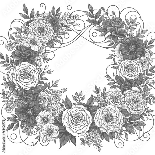 A formal arrangement of roses, carnations, and baby’s breath with swirling vines coloring page 