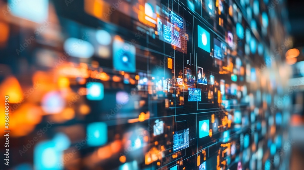 Abstract digital background with a grid of blurred blue and orange rectangles and lines. Abstract digital background with a grid of blurred blue and orange rectangles and lines.