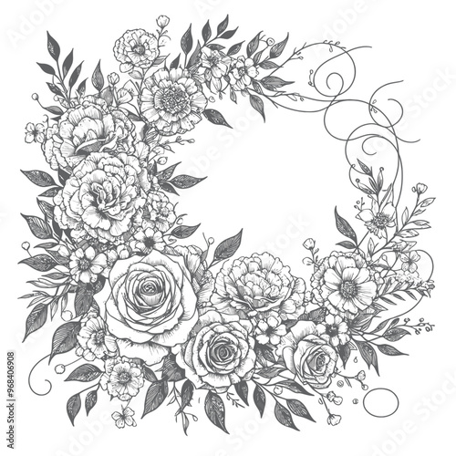 A formal arrangement of roses, carnations, and baby’s breath with swirling vines coloring page 