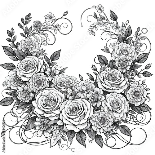 A formal arrangement of roses, carnations, and baby’s breath with swirling vines coloring page 