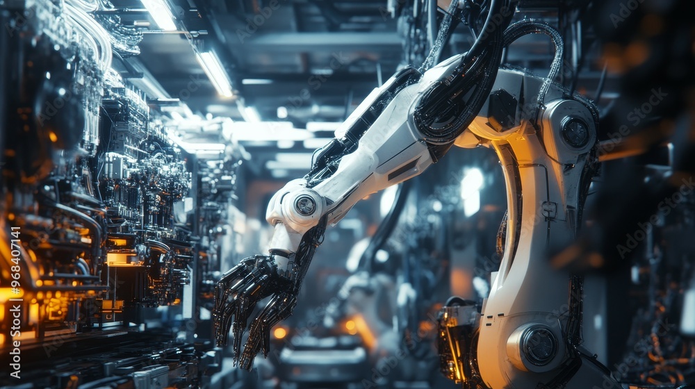 A robotic arm in a futuristic industrial setting, showcasing advanced technology and machinery. A robotic arm in a futuristic industrial setting, showcasing advanced technology and machinery.