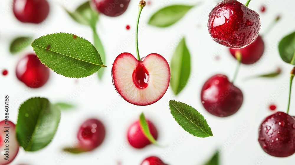 Cherry with half slices falling or floating in the air with green leaves isolated on a white background. Cherry with half slices falling or floating in the air with green leaves isolated on a white background.