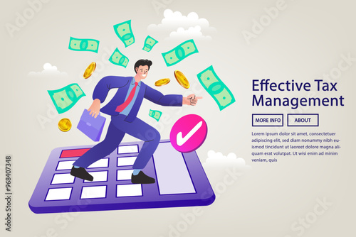 A conceptual banner for effective tax management. A businessman runs on a calculator towards a check mark, with money flying, symbolizing tax filing, refunds, and financial auditing.