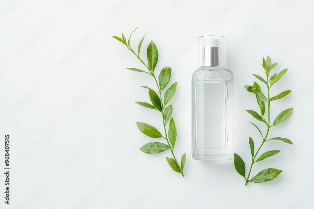 Clear cosmetic bottle without label, nestled on white marble, surrounded by green tea leaves, eco-friendly branding concept Clear cosmetic bottle without label, nestled on white marble, surrounded by green tea leaves, eco-friendly branding concept