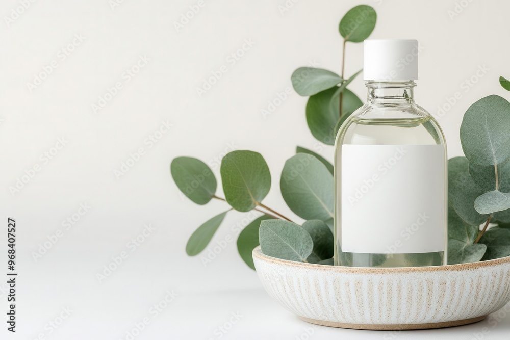 Clear glass lotion bottle with no label, nestled in a ceramic dish with fresh eucalyptus leaves, minimalist skincare branding Clear glass lotion bottle with no label, nestled in a ceramic dish with fresh eucalyptus leaves, minimalist skincare branding