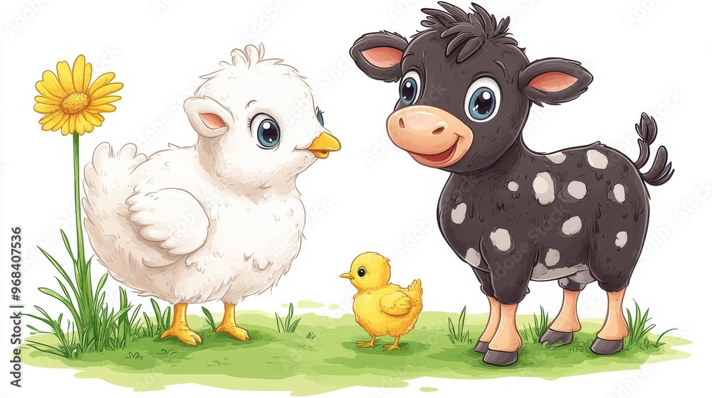 Clipart of a cow and a chicken on a white background, cartoon style Clipart of a cow and a chicken on a white background, cartoon style