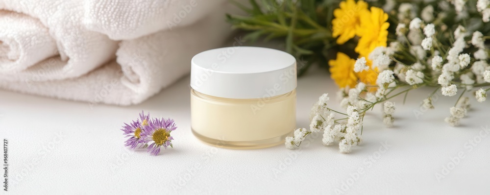 Organic balm jar with no label, surrounded by cotton towels and wildflowers, minimalist eco-conscious packaging Organic balm jar with no label, surrounded by cotton towels and wildflowers, minimalist eco-conscious packaging