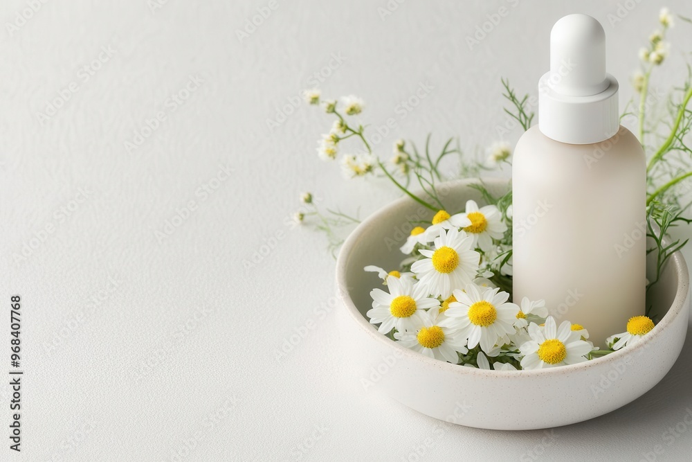 Organic skincare bottle with no label, nestled in a ceramic dish with chamomile flowers, minimalist beauty branding Organic skincare bottle with no label, nestled in a ceramic dish with chamomile flowers, minimalist beauty branding