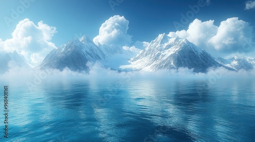 Serene mountain landscape with snowy peaks and calm blue waters.