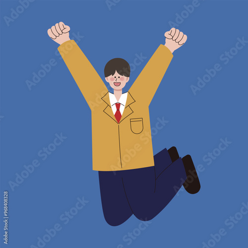 a boy jumping in a yellow school uniform