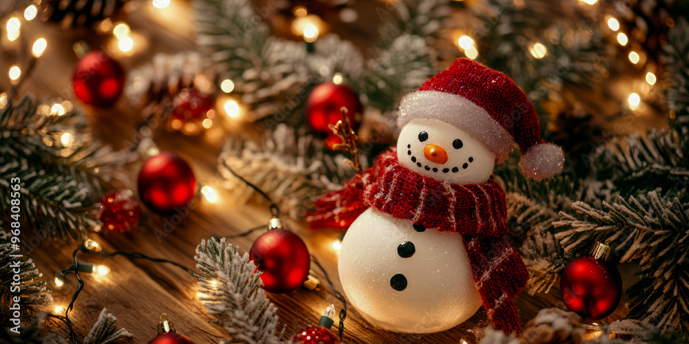 Merry Christmas and Happy New Year bright colorful composition. Xmas background with festive decorative elements. Festive banner and web poster, greeting card, flyer and brochure