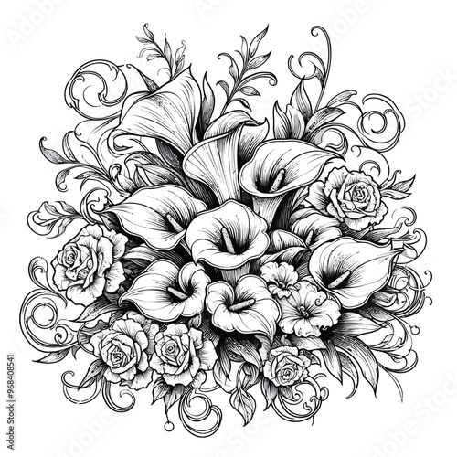 A formal bouquet of calla lilies and roses coloring page 