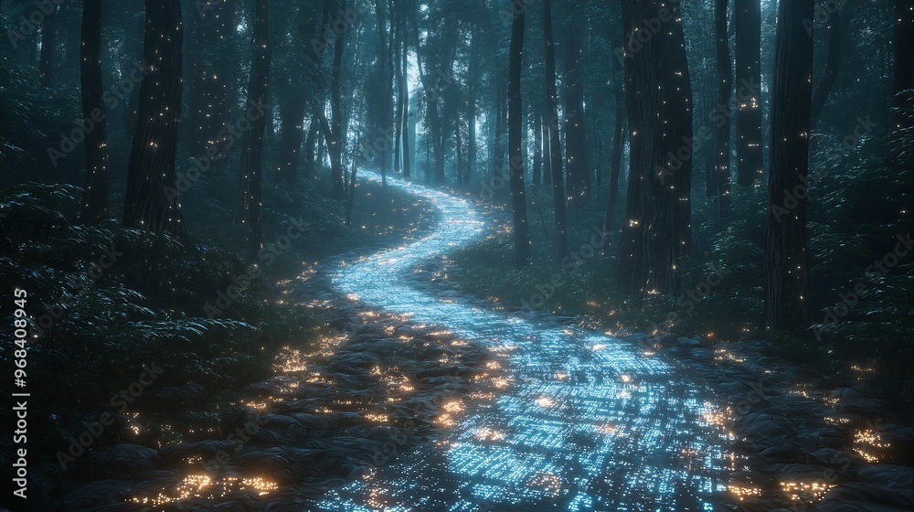Glowing Path Through Enchanted Forest at Night Glowing Path Through Enchanted Forest at Night