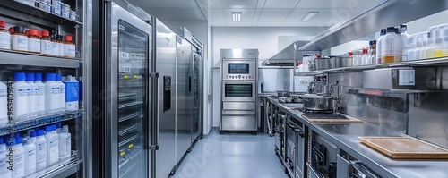 Industrial kitchen with neatly stored chemicals, separated from food prep areas, demonstrating chemical safety and food hygiene