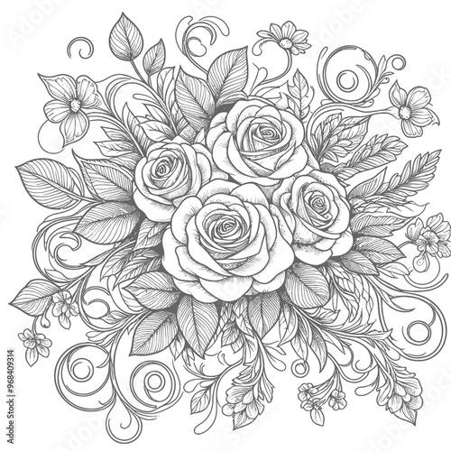 A graceful bouquet with roses at the center coloring page 