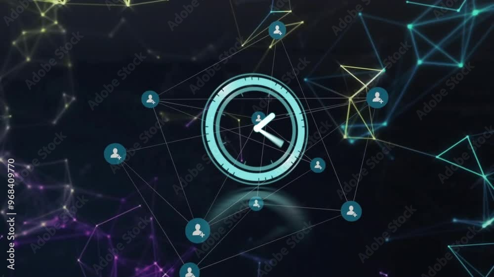 Animation of media icons and clock moving over black background Animation of media icons and clock moving over black background