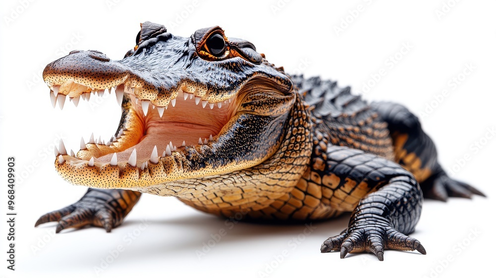 Naklejka premium Crocodile with its mouth open on a white background, showing sharp teeth