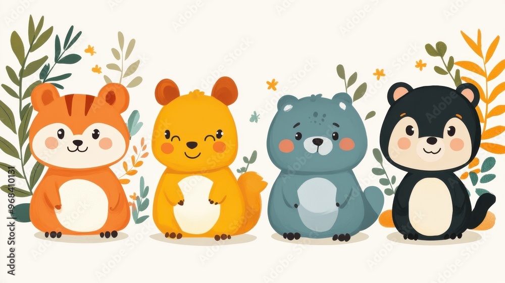 Cute animal clipart set on a white background, featuring various species Cute animal clipart set on a white background, featuring various species