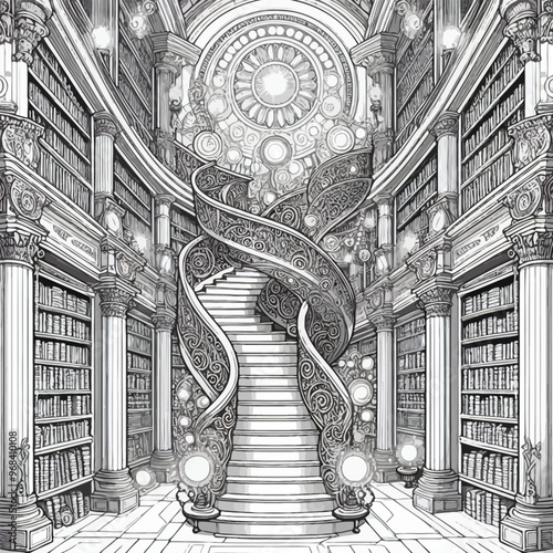 A grand, spiraling staircase surrounded by tall bookshelves filled with ancient coloring page