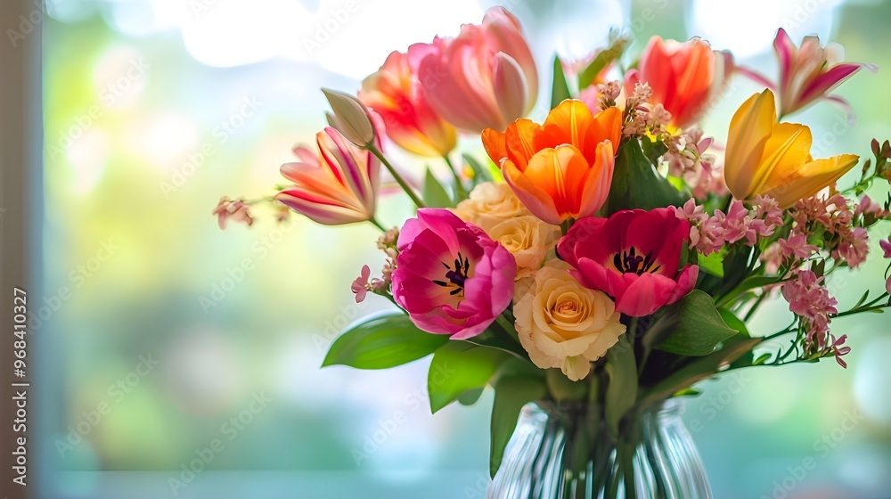 A beautiful stock photo of a vibrant bouquet of flowers, including tulips, roses, and lilies in various bold colors. A beautiful stock photo of a vibrant bouquet of flowers, including tulips, roses, and lilies in various bold colors.
