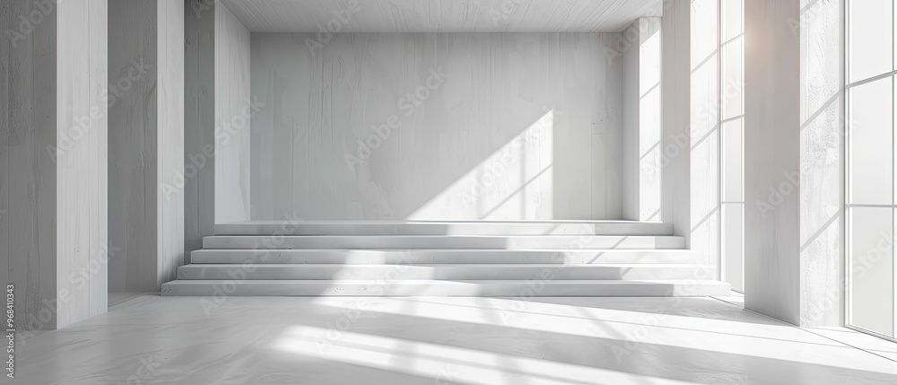Obraz premium Modern White Room with a Staircase and Sunlight