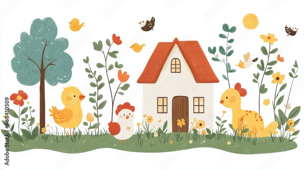 Cute clipart of a farm scene with animals on a white background, playful design Cute clipart of a farm scene with animals on a white background, playful design