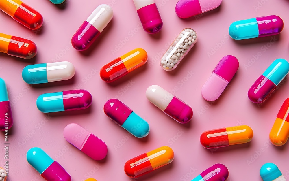Colorful medical capsules on pink background. Top view, flat lay