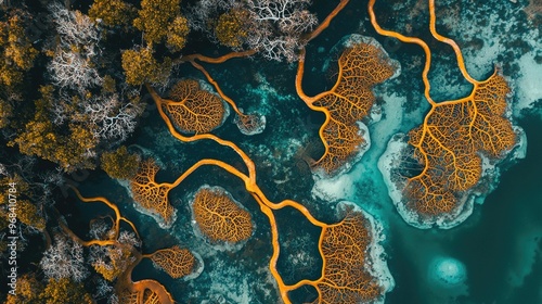 Aerial view of abstract patterns in mangrove pneumatophores photo