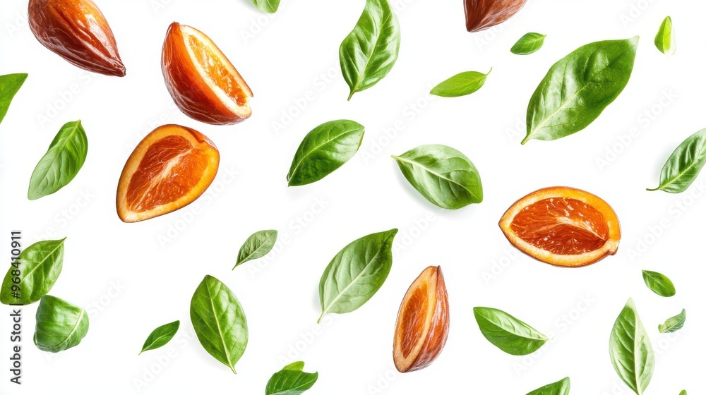 Date with half slices falling or floating in the air with green leaves isolated on a white background. Date with half slices falling or floating in the air with green leaves isolated on a white background.