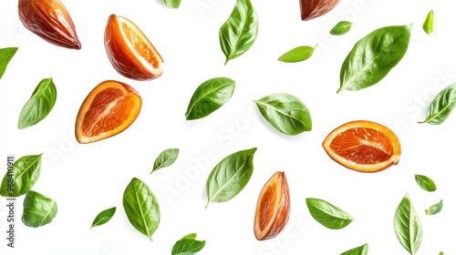 Date with half slices falling or floating in the air with green leaves isolated on a white background.