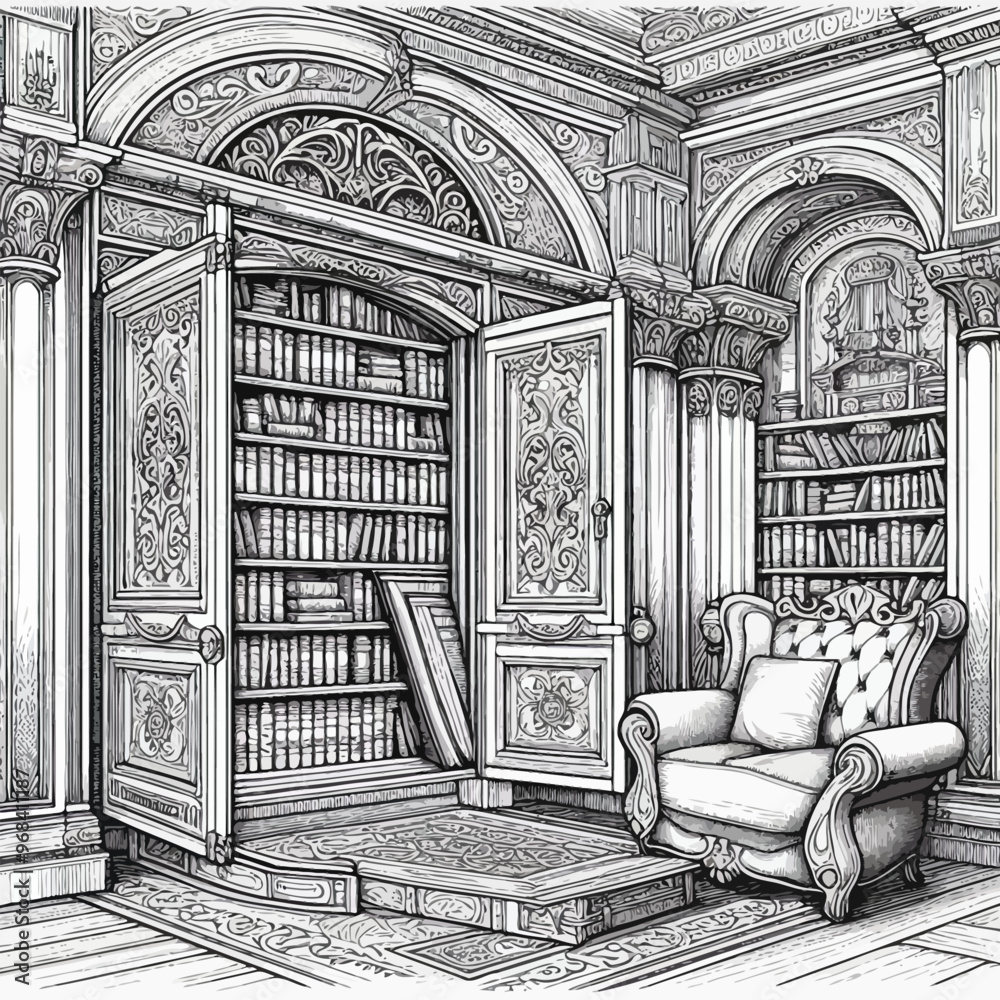 Fototapeta premium hidden alcove in the library with a secret doorway coloring page 