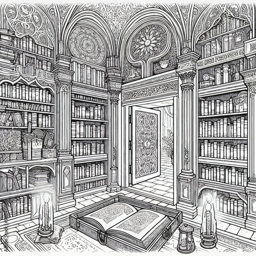 hidden alcove in the library with a secret doorway coloring page 