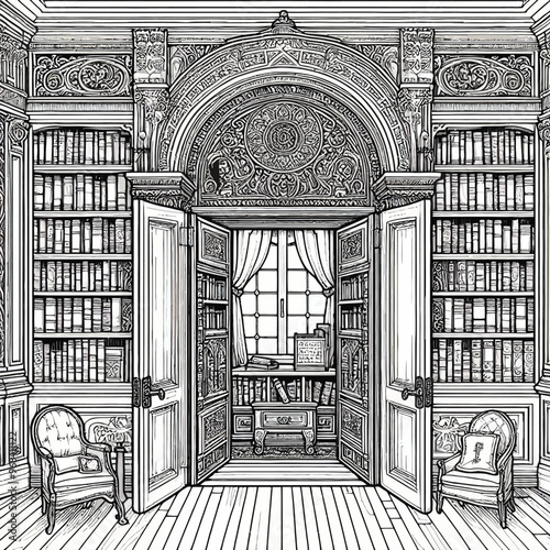 hidden alcove in the library with a secret doorway coloring page 