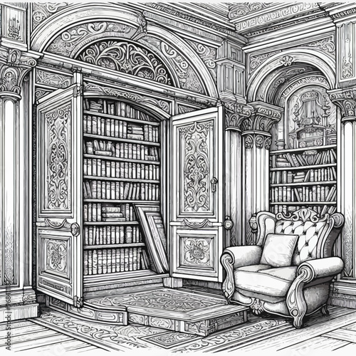hidden alcove in the library with a secret doorway coloring page 