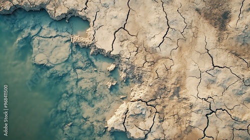 An aerial view of an expansive, barren reservoir, with water levels drastically low, revealing the cracked earth beneath, portraying the severity of the global water shortage crisis 