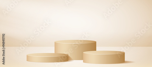 Three podium background in light beige color. Studio 3d platform stage concept. Soft brown cylinder pedestal scene for poster, banner, mockup design, product template, showcase display. Vector