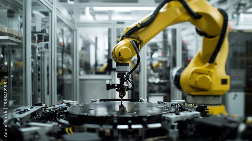 Close-up of a yellow robotic arm working on a manufacturing line in a factory. Close-up of a yellow robotic arm working on a manufacturing line in a factory.