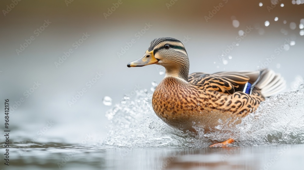 Obraz premium Duck in mid-swim with a focus on its movement and reflection on a white background