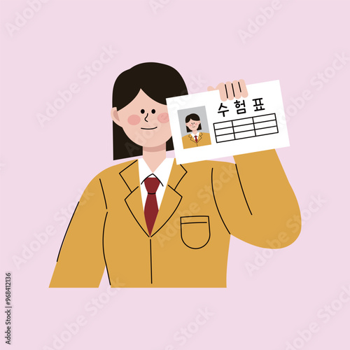 a schoolgirl in a school uniform holding an examination card