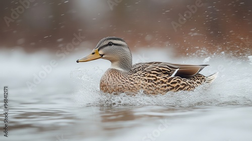Duck in mid-swim with a focus on its movement and reflection on a white background photo