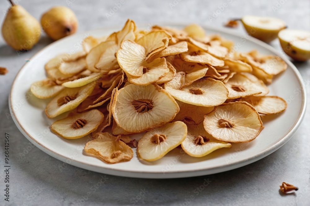Pear Chips: Overhead view of a small pile of pear chips on a white plate, showing the thin, crisp texture and golden edges.