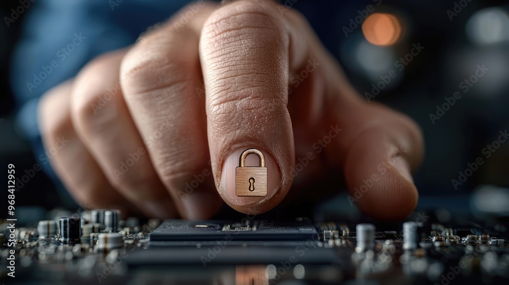 Cyber protection: visual of a secure padlock, digital fingerprint trail, data protection with a digital lock symbol, network connectivity on mobile device, enhanced cybersecurity for banking systems. Cyber protection: visual of a secure padlock, digital fingerprint trail, data protection with a digital lock symbol, network connectivity on mobile device, enhanced cybersecurity for banking systems.