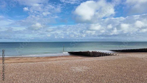 Eastbourne East Sussex England. 03.09.2024. Video. Outlook across the shinle beach from Eastbourne over the English Channel UK. photo