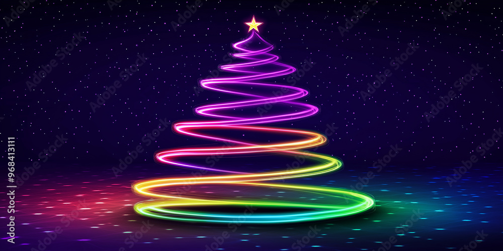 Rainbow neon christmas tree shining on starry night background Rainbow neon christmas tree shining on starry night background