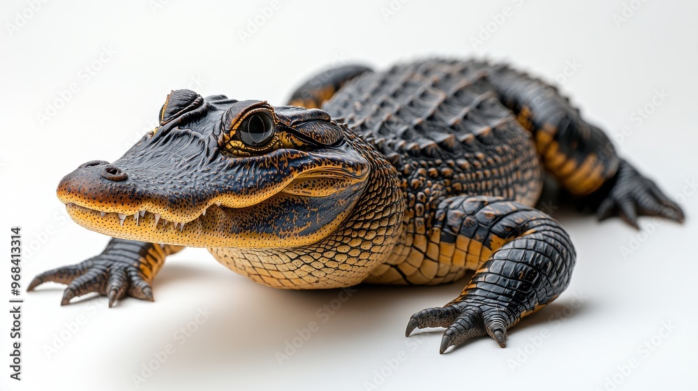 Full-body shot of an alligator lying down on a white background, detailed scales Full-body shot of an alligator lying down on a white background, detailed scales